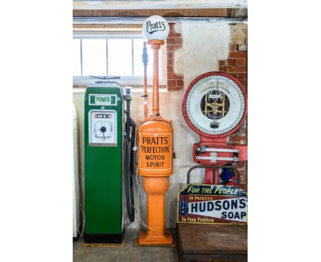 A 'Fat Lady' T8 petrol pump in Pratts Perfection Motor Spirit livery with reproduction glass globe, by repute removed from a 