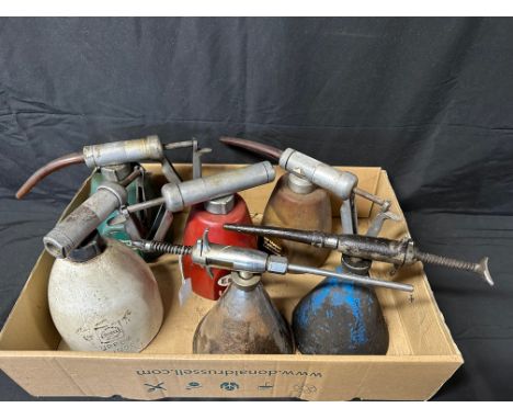 Six upper cylinder grease guns: BP, Shell, Redex, Esso etc.