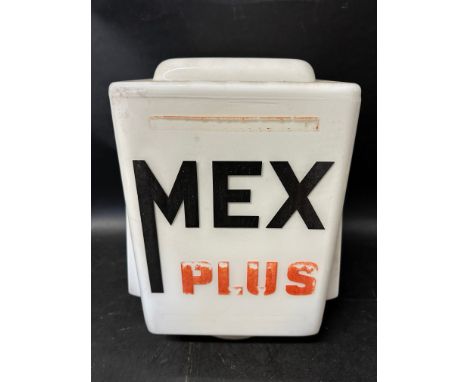 A Mex Plus finned glass petrol pump globe, fading to red lettering.