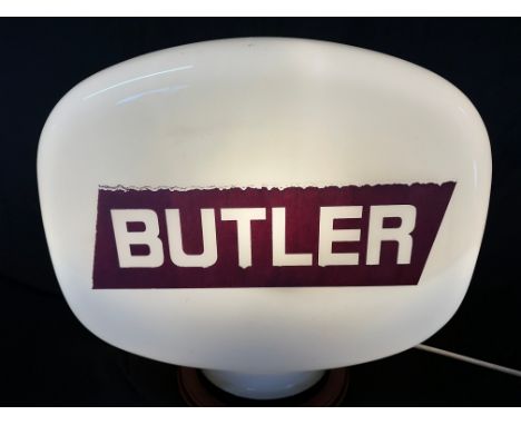 A Butler glass petrol pump globe by Hailware, one small blister and some nibbles to rim, see pics.
