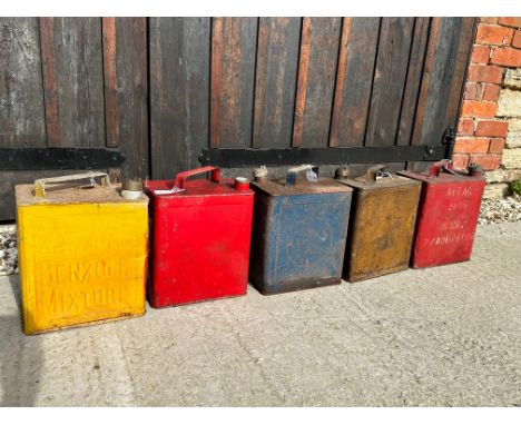 Five two gallon petrol cans inc. National Benzole with correct cap, a BP cap etc. varying conditions.