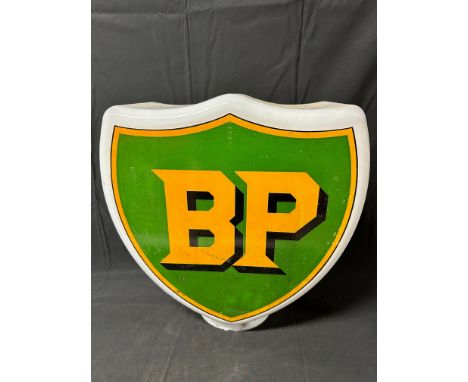 A BP shield-shaped glass petrol pump globe by Hailware, design no. stamped to inner neck, blisters and nibbles to neck, see p