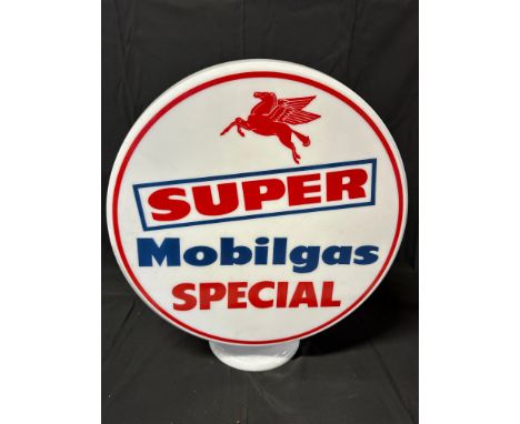 A large Mobilgas Super Special glass petrol pump globe bearing image of Pegasus by Webb's Crystal Glass Co. Ltd., numbered 45