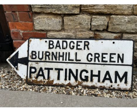 A Badger Burnhill Green and Pattingham single sided cast iron directional arrow road sign, 44 1/4 x 17".
