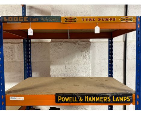 Three motoring-related shelf advertising strip signs: Lodge Plugs, 14 1/2 x 1 1/2"; Powell &amp; Hanmer's Lamps, 19 1/4 x 2 1