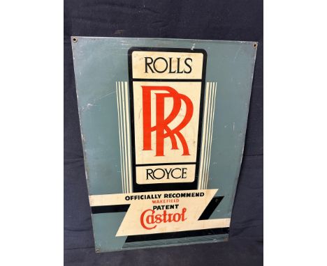 An extremely rare Rolls Royce tin advertising sign with Wakefield Castrol recommendation, brass eyelets to each corner, 13 1/