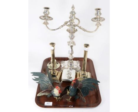 An Old Sheffield plate candelabra; a pair of candlesticks; silver blotter; plated inkwell etc 