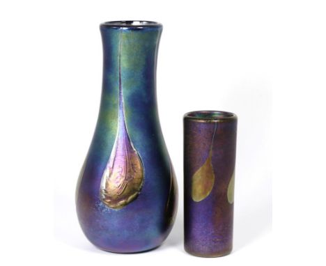 John Ditchfield for Glasform; an iridescent petroleum cylinder vase decorated with pearl drops etched to base J. Ditchfield G