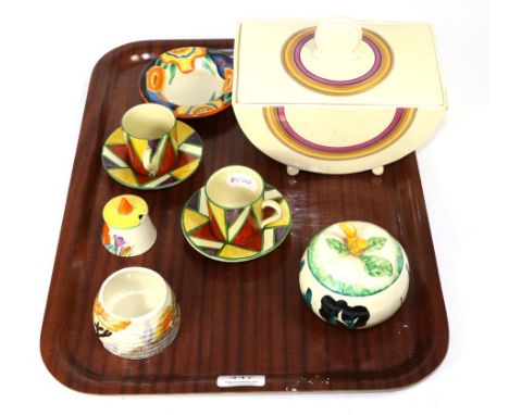 A small group of assorted Clarice Cliff pottery items Vegetable dish and cover with very minor scratching to the enamels. Sma