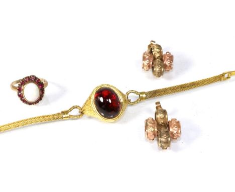 A pair of rose and yellow metal floral link earrings, adapted from bracelet links, with post fittings; an opal and garnet clu