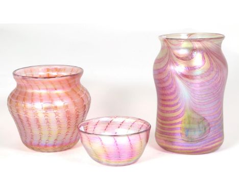 John Ditchfield for Glasform; an iridescent pink vase decorated with feathered bands and pearl drops, etched to base J. Ditch