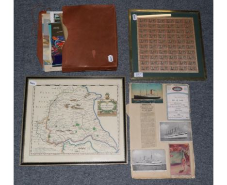 A group of collector's items, including New York World's Fair souvenir, Cunard White Star menus, framed stamps, East Riding o