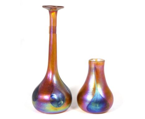 John Ditchfield for Glasform; an iridescent orange and petroleum vase decorated with pearl drops, etched to base J. Ditchfiel