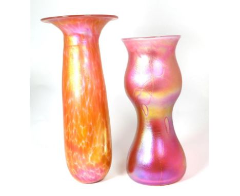 John Ditchfield for Glasform; an iridescent pink vase decorated with surface trails and lily pads, etched to base J. Ditchfie