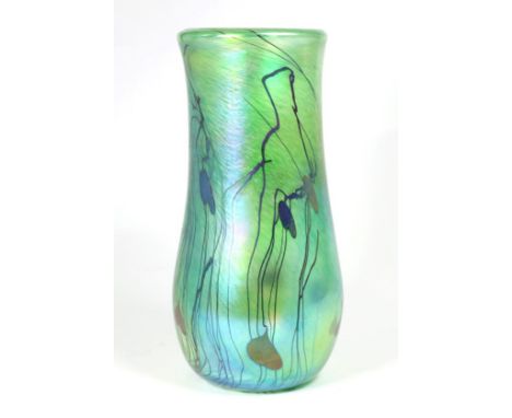 John Ditchfield for Glasform; an iridescent green vase decorated with trails and pearl drops, etched to base J. Ditchfield GL