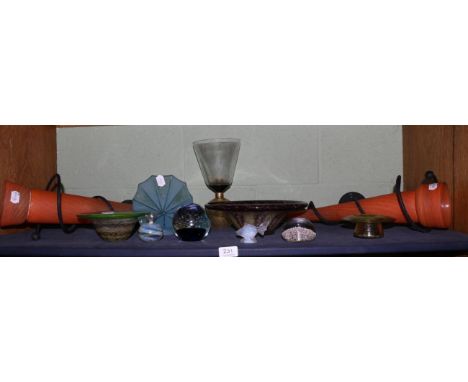 A group of Art glass comprising: table lamp, lamp shade, three dishes, two paperweights, an apple form ornament, a Sabino gla