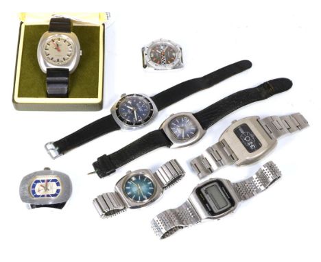 Eight gents wristwatches including an alarm digital wristwatch signed Casiotron, Timex chequered flag watch dial, Buler digit