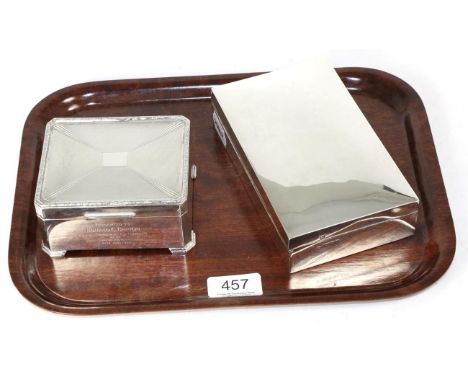 A rectangular silver cigarette box, Alexander Clark, London 1934, plain and of good gauge; and an engine turned Art Deco exam