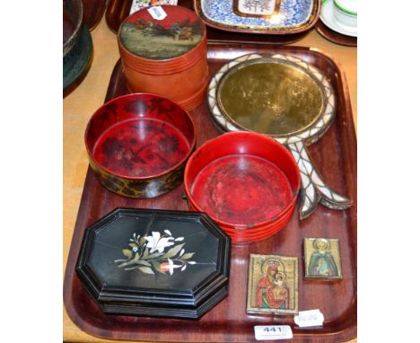 A small group comprising pietra dura topped table box, a Russian papier mache cylindrical box, two Russian papier mache bottl