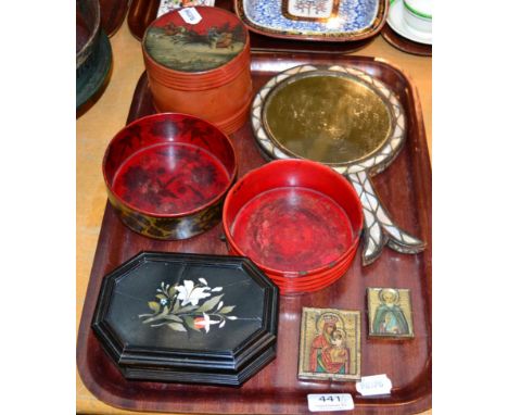 A small group comprising pietra dura topped table box, a Russian papier mache cylindrical box, two Russian papier mache bottl