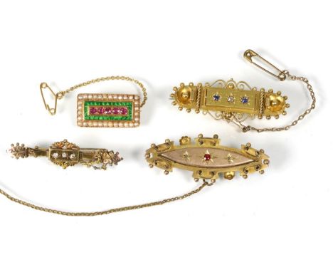 A Victorian ruby, seed pearl and enamel brooch, a row of round cut rubies within a green guilloche enamel border and outer bo