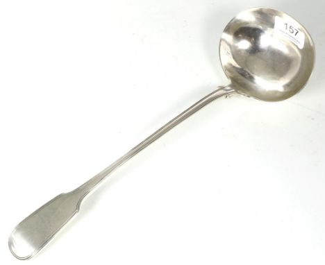 A George IV silver fiddle and thread pattern soup ladle, probably John Hawkins, London 1827, engraved with a crest of a demi 