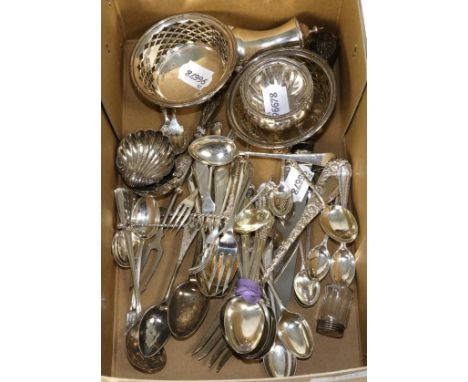 A quantity of assorted silver flatware and other items to include a pair of pierced dishes; Shell form salts; America serving