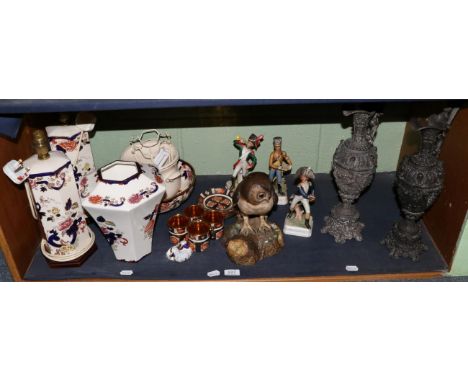 A group of Masons Mandalay pattern pottery including two table lamps; a Royal Crown Derby owl (a.f.); three Goebel Napoleonic