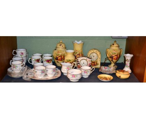 A group of Aynsley fruit decorated vases and other items; a Masons clock; a Royal Albert Petit Point pattern tea service; fou
