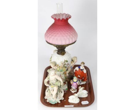 A 19th century Derby figure (a.f.), a Continental porcelain figural oil lamp, two Rockingham style models and three other fig