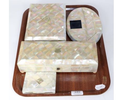 Four mother of pearl items comprising a desk standish, a card case, a glove box and a jewellery box 