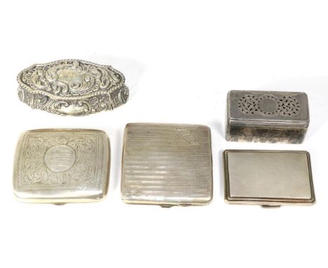 Three various silver cigarette cases including a small Art Deco engine turned example; a repousse decorated trinket box, Ches