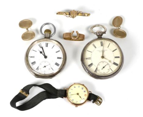 A 9 carat gold scarf clip; a pair of 9 carat gold cufflink; ladies 9 carat wristwatch; a silver open faced pocket watch, sign