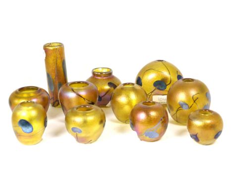 John Ditchfield for Glasform; eleven small iridescent gold vases decorated with iridescent petroleum pearl drops and trails, 