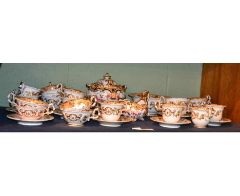 An early 19th century English part teaset by W & R Daniel, hand painted floral design with gilt embellishment (qty)