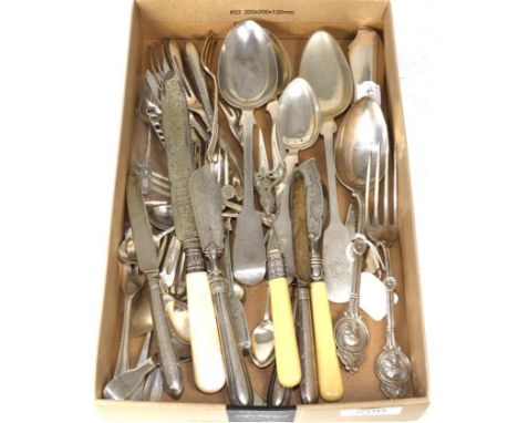 Assorted silver flatware, to include: a fiddle pattern caddy spoon, London 1832; a collection of mostly Victorian butter kniv