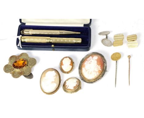 A cased fountain pen and propelling pencil, with presentation inscriptions, various cameo brooches, gilt metal cufflinks, sil