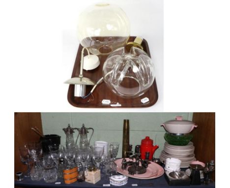 Two 1960's clear glass light fitments, two claret jugs, Kockums red enamel coffee pot, Poole pottery dinner service, Rosentha