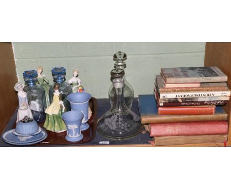 Two blue tinted thistle decanters; Doulton china figures; Wedgwood Jasper ware and a quantity of hunting related books 