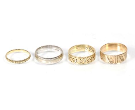 A 9 carat gold Celtic motif band ring, finger size R1/2; an engraved band ring, finger size S; a 9 carat white gold diamond i