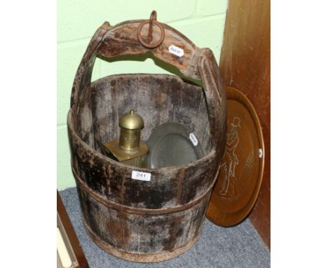 A pail; an 18th century pewter dish; a Jonnie Walker tray; and a lamp 