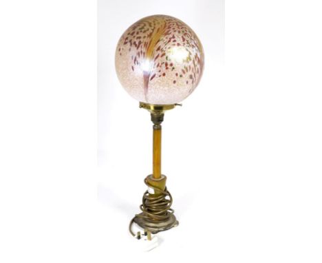 John Ditchfield for Glasform; a brass and bakelite table lamp with iridescent pink globe form shade decorated with surface sp