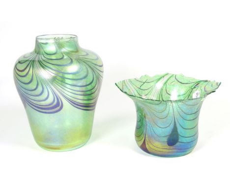 John Ditchfield for Glasform; an iridescent green vase decorated with bands and pearl drops, etched to base J. Ditchfield GLA