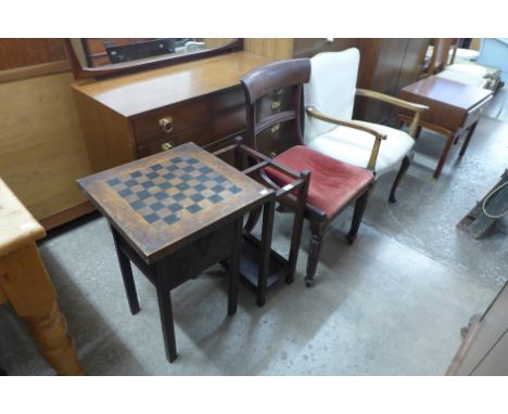 A games table, an oak stick stand, William IV mahogany chair and another chair 