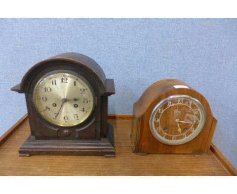 An Art Deco Garrard oak mantel clock and a small oak bracket clock 