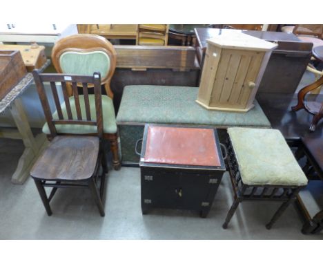 A Victorian mahogany piano stool, a Victorian mahogany and upholstered ottoman, etc. (6) 
