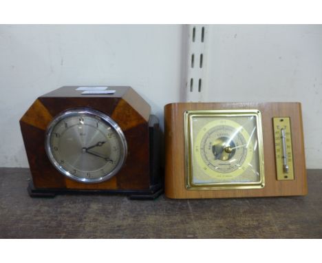 An Art Deco walnut timepiece and a beech aneroid barometer 