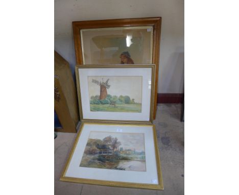 Two early 20th Century English School watercolours and a print 