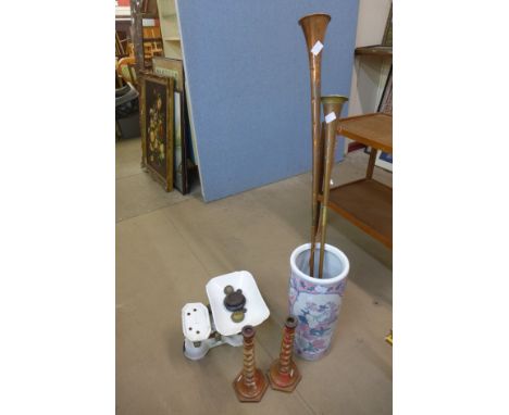 A Chinese porcelain stick stand, two hunting horns, barleytwist candlesticks and a set of scales 