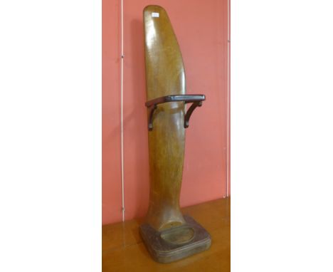 A teak aircraft propeller stick stand, indistinct stamp, 122cms h. Purportedly from a 1930's Hawker Hurricane 